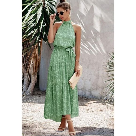 PRETTYGARDEN Halter Neck Belted Maxi Dress S - Picture 2 of 5